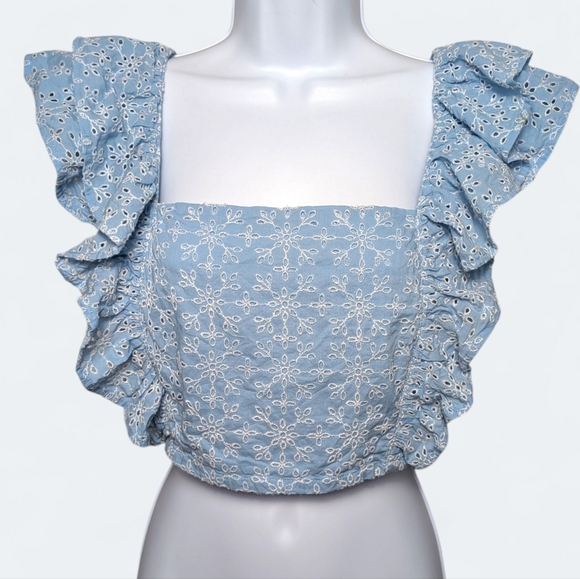 BCBGeneration Tops - BCBGeneration Light Blue Eyelet Embroidered Ruffle Crop Top Romantic Cottagecore